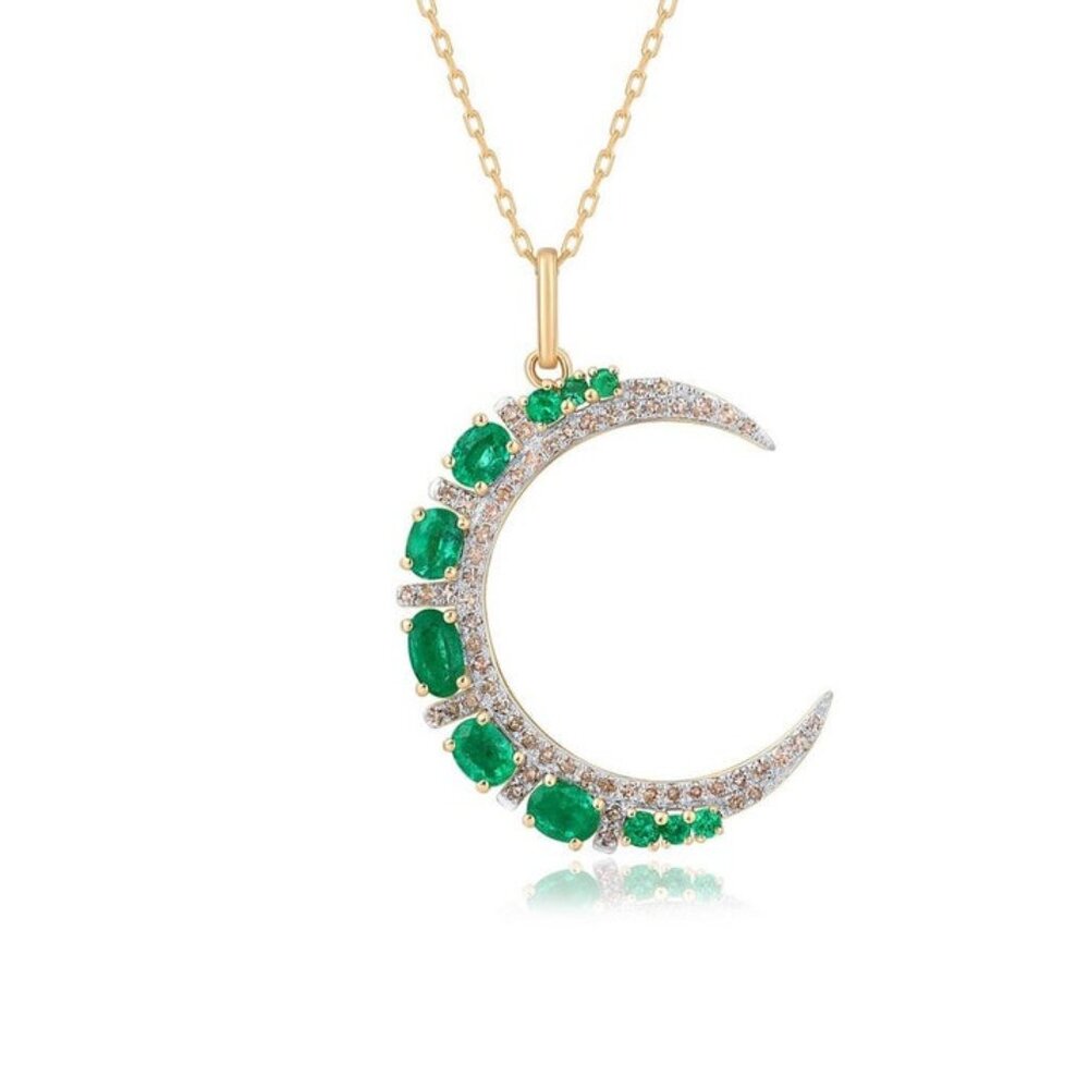 Sapphire Half Moon 14K (or 18k request) Yellow Gold Diamond Pendant Necklace